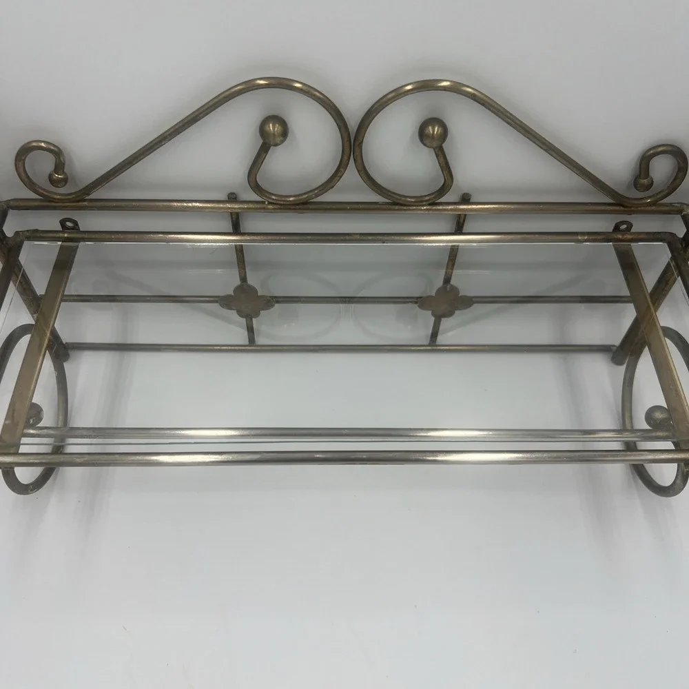 Solid Brass Vintage Bathroom Shelf & Towel Bar - Includes‎ Glass Shelf